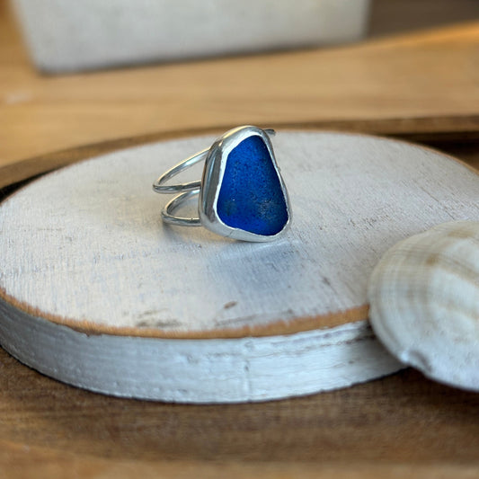 Cobalt Blue Sea Glass Double Band Ring | Sterling Silver | Genuine Sea Glass