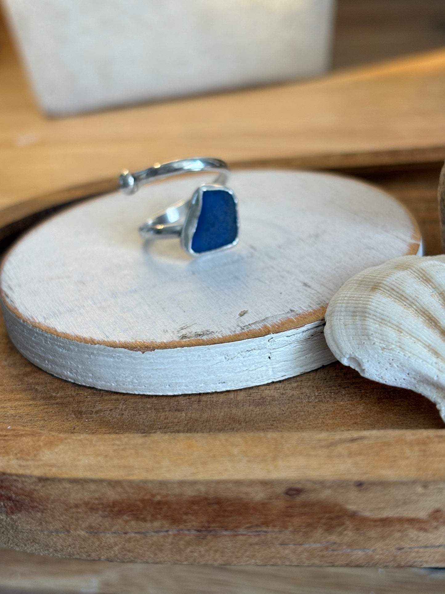 Cobalt Blue Sea Glass Adjustable Ring | Sterling Silver | Genuine Sea Glass