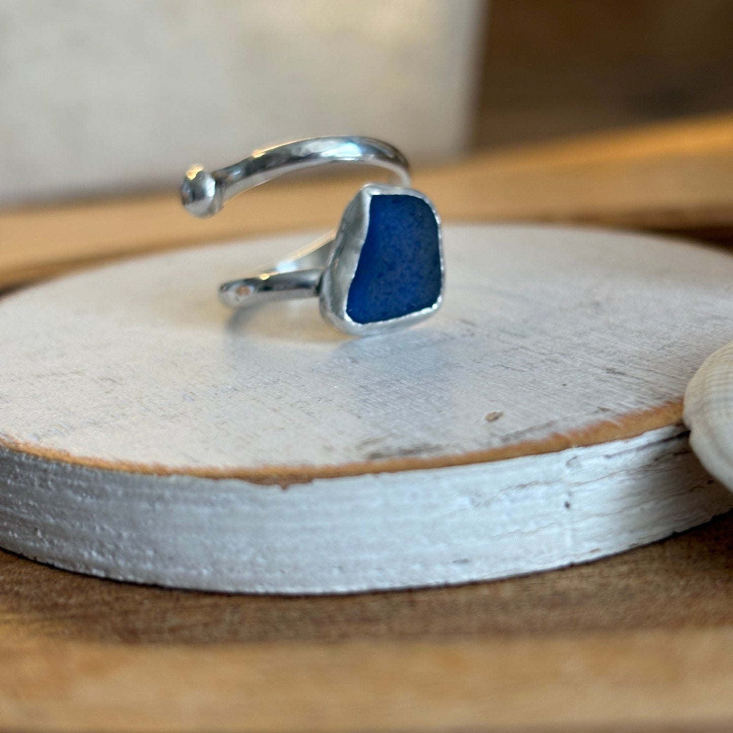 Cobalt Blue Sea Glass Adjustable Ring | Sterling Silver | Genuine Sea Glass