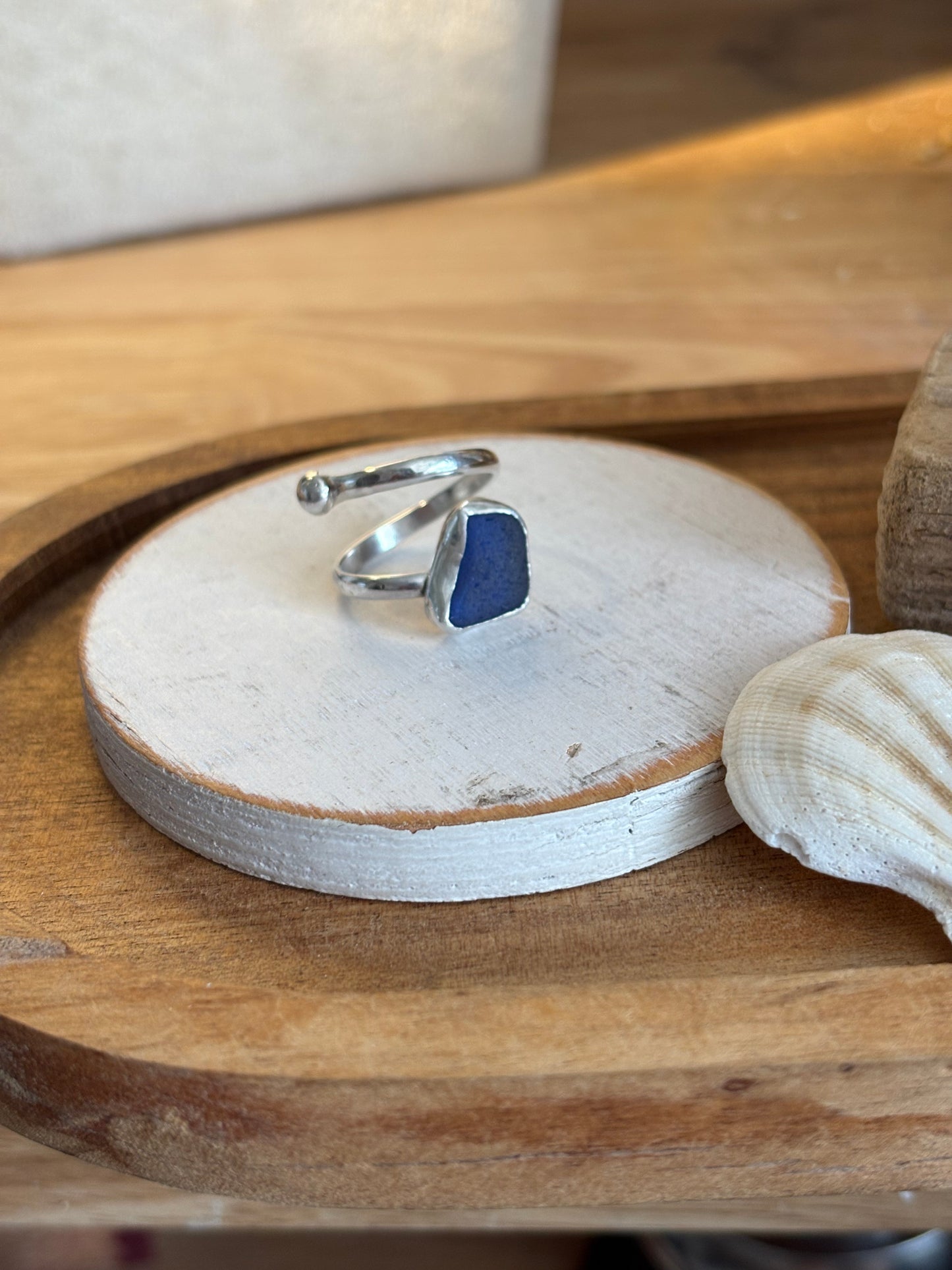 Cobalt Blue Sea Glass Adjustable Ring | Sterling Silver | Genuine Sea Glass