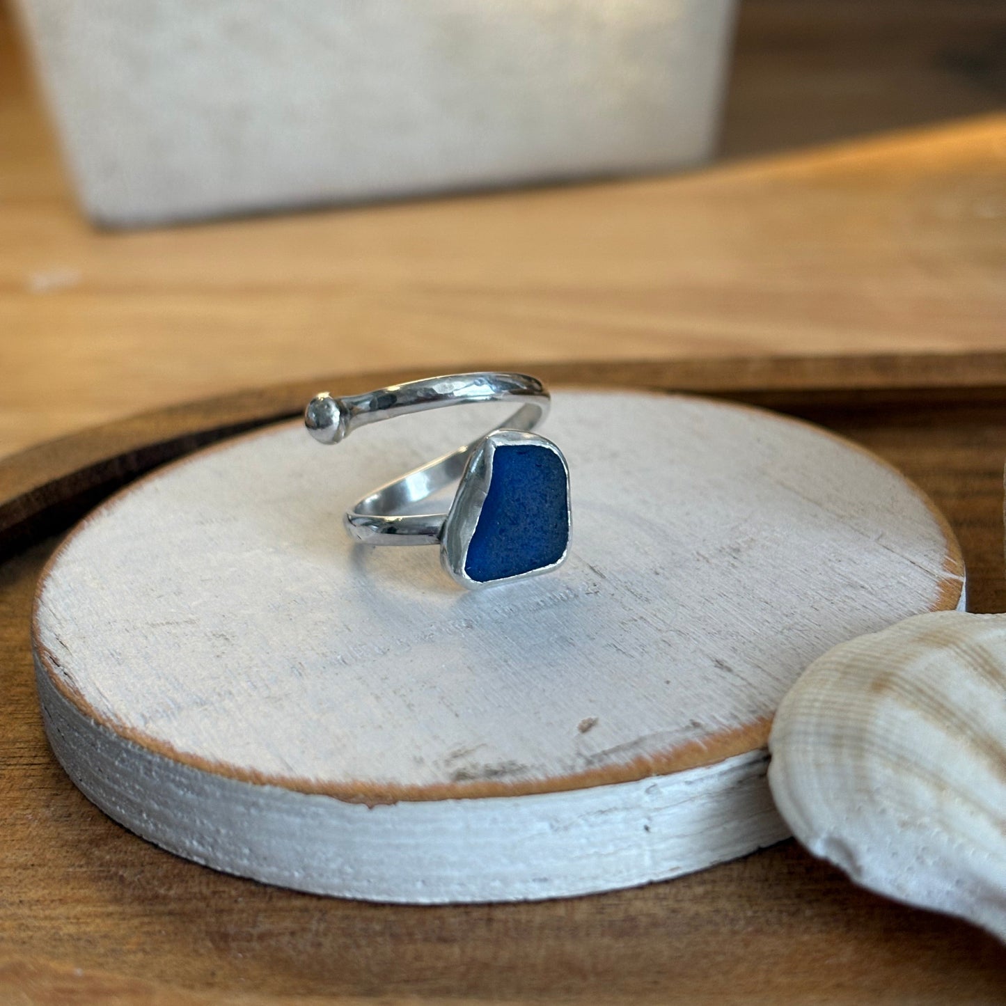 Cobalt Blue Sea Glass Adjustable Ring | Sterling Silver | Genuine Sea Glass