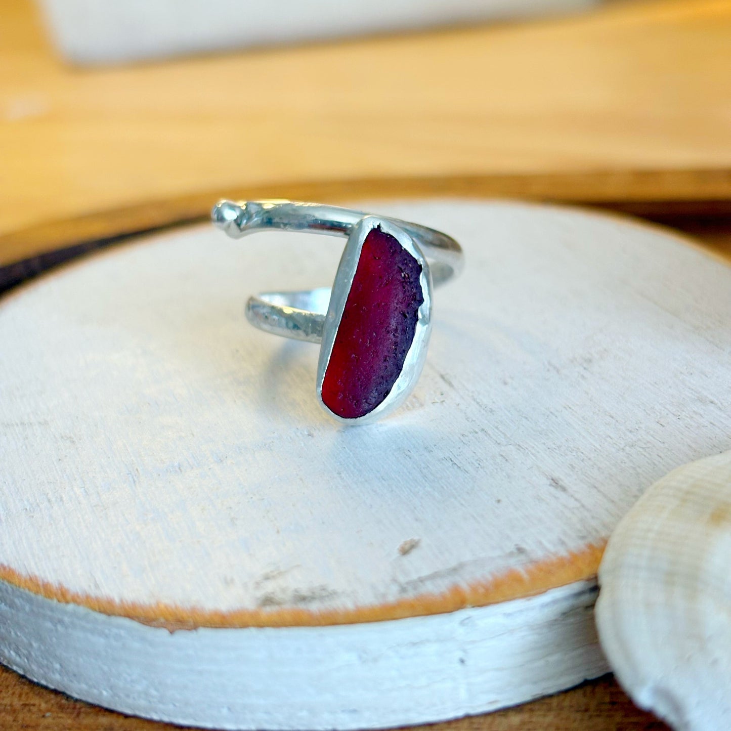 Adjustable Rare Red Sea Glass Ring | Sterling Silver | Genuine Sea Glass