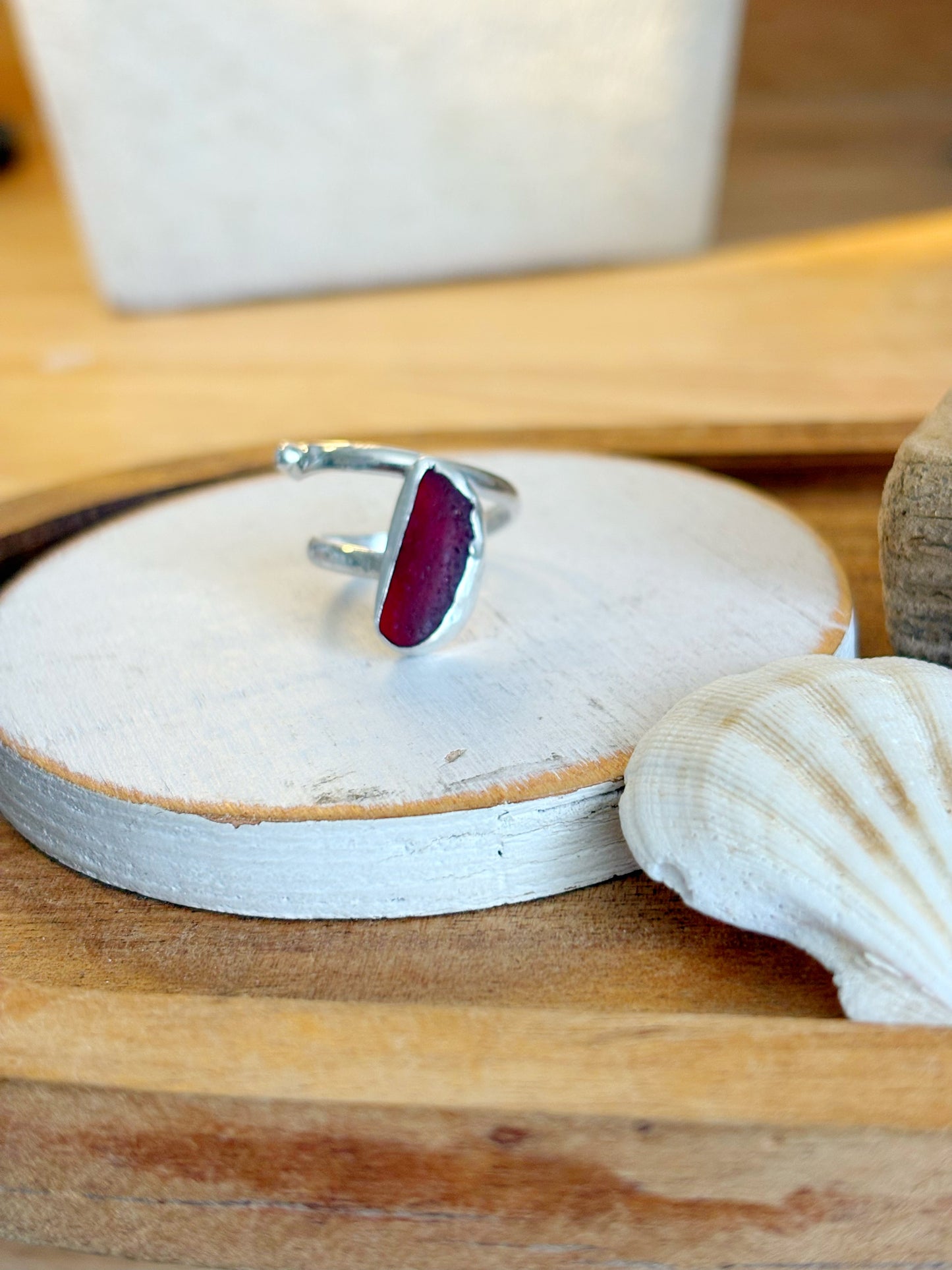 Adjustable Rare Red Sea Glass Ring | Sterling Silver | Genuine Sea Glass