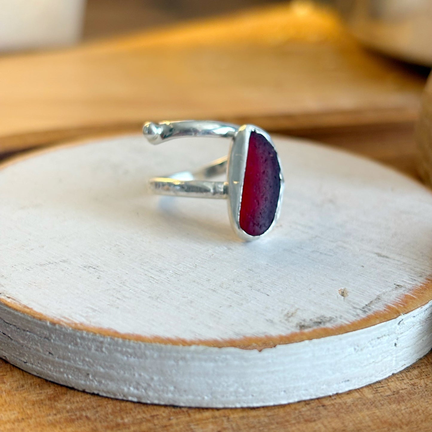 Adjustable Rare Red Sea Glass Ring | Sterling Silver | Genuine Sea Glass