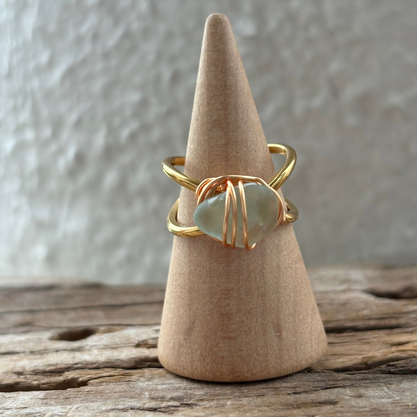 Sea Foam Sea Glass Wire-Wrapped Ring – 18k Gold PVD Stainless Steel (Size 5.5)