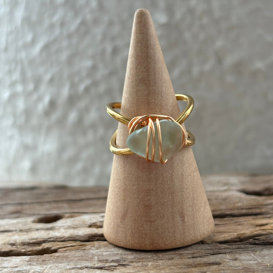 Sea Foam Sea Glass Wire-Wrapped Ring – 18k Gold PVD Stainless Steel (Size 5.5)