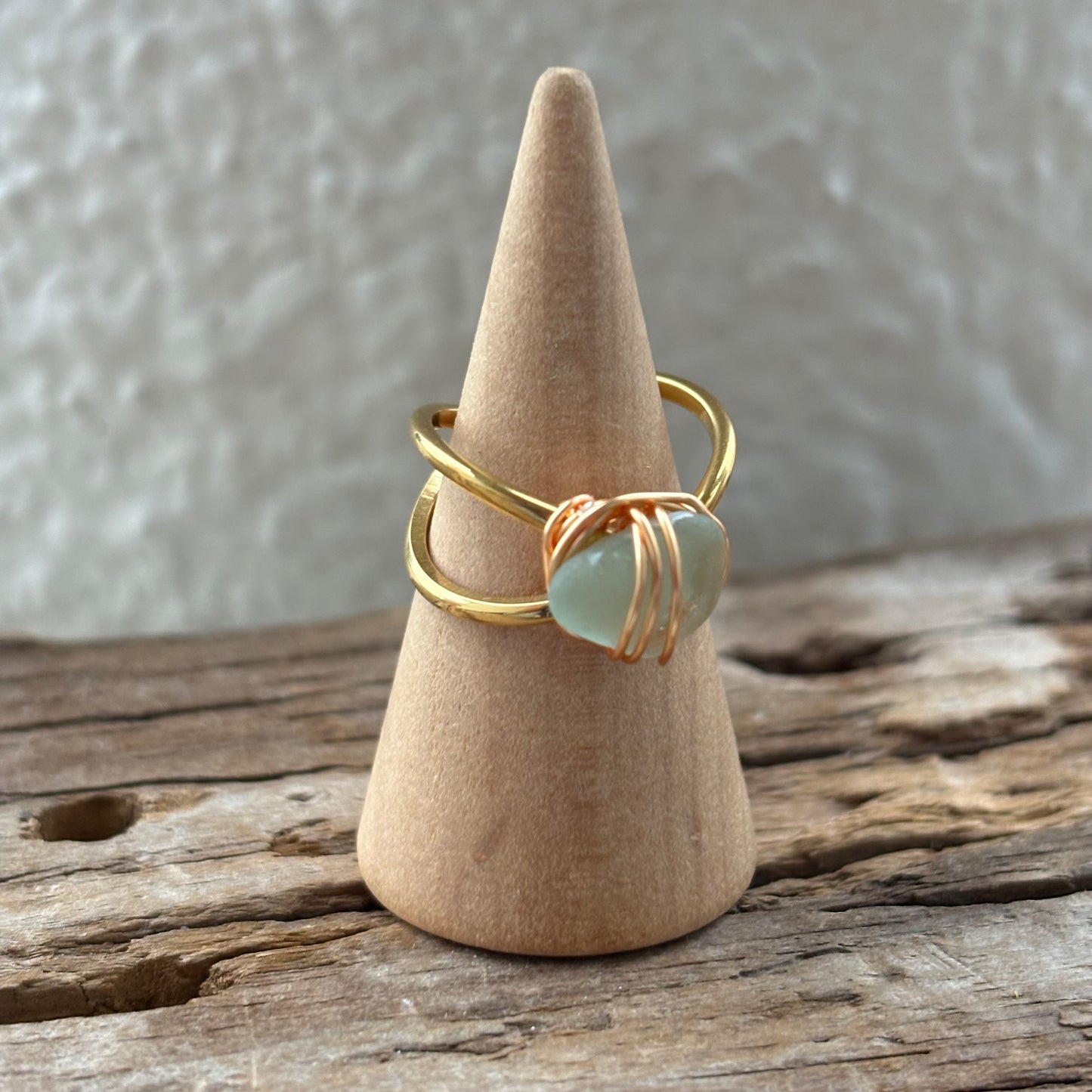 Sea Foam Sea Glass Wire-Wrapped Ring – 18k Gold PVD Stainless Steel (Size 5.5)