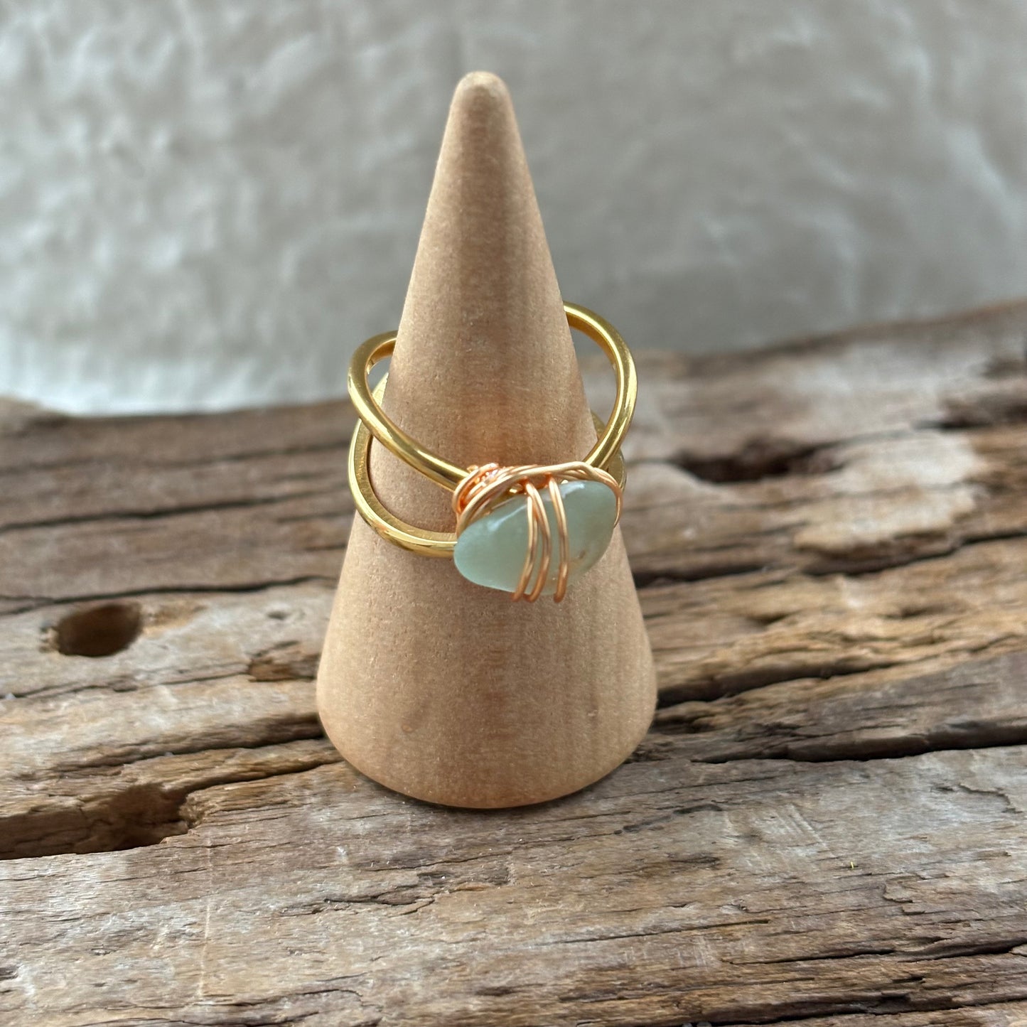 Sea Foam Sea Glass Wire-Wrapped Ring – 18k Gold PVD Stainless Steel (Size 5.5)
