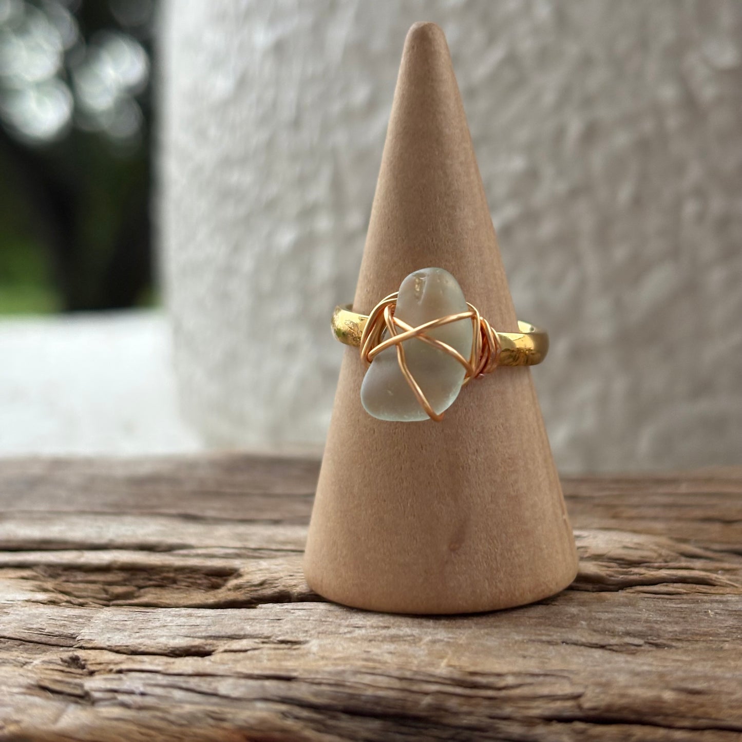 Sea Foam Sea Glass Wire-Wrapped Ring – 18k Gold PVD Stainless Steel (Size 5.5)
