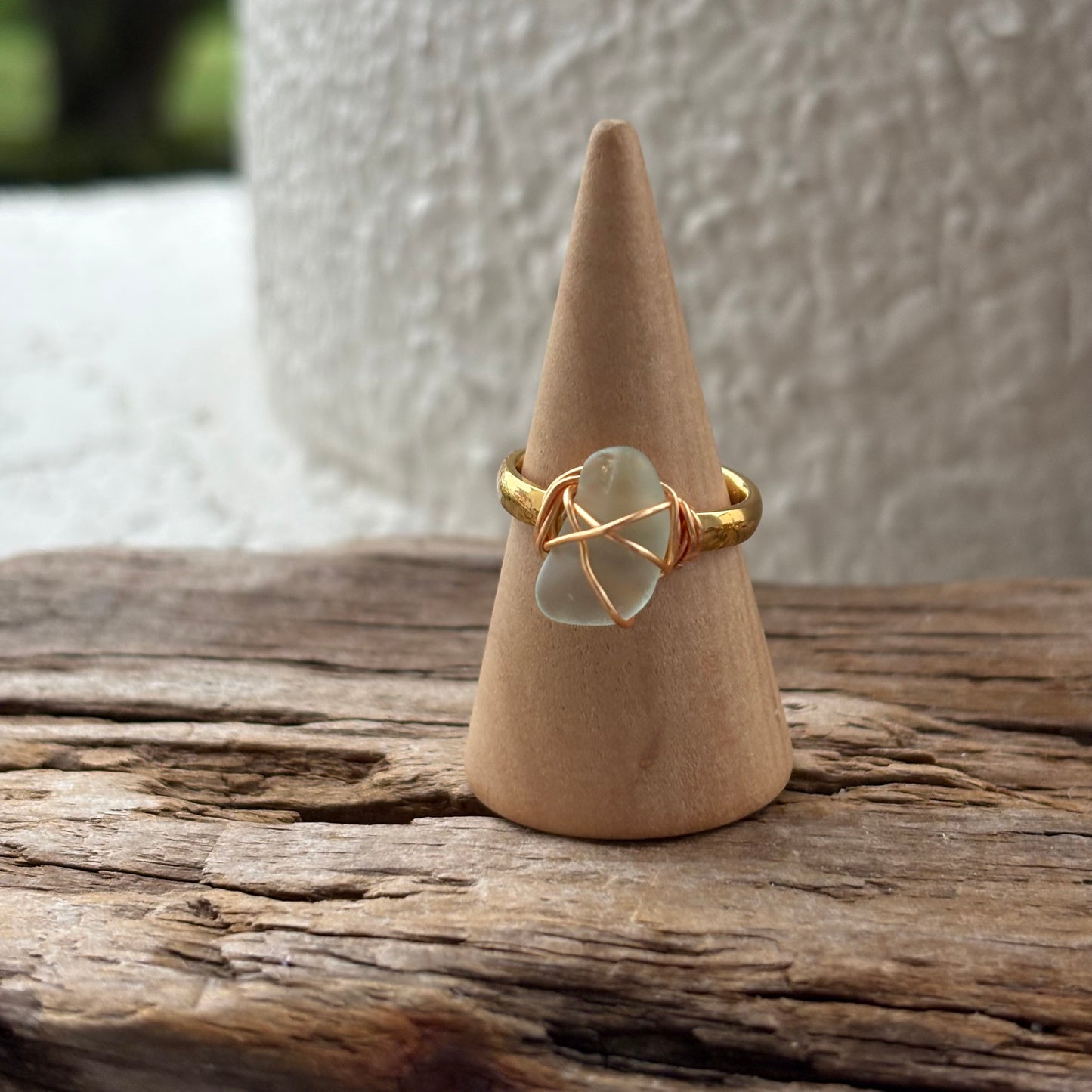 Sea Foam Sea Glass Wire-Wrapped Ring – 18k Gold PVD Stainless Steel (Size 5.5)