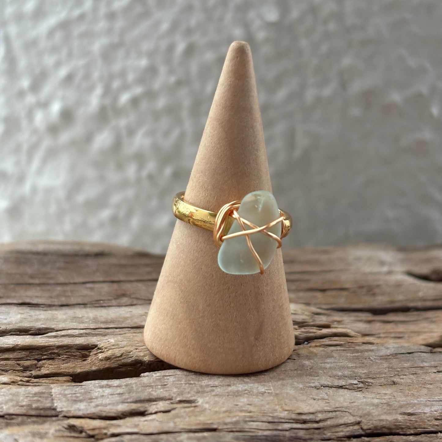 Sea Foam Sea Glass Wire-Wrapped Ring – 18k Gold PVD Stainless Steel (Size 5.5)