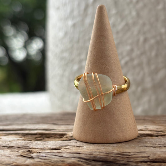 Light Sea Foam Blue Sea Glass Wire-Wrapped Ring – 18k Gold PVD Stainless Steel (Size 7.5)