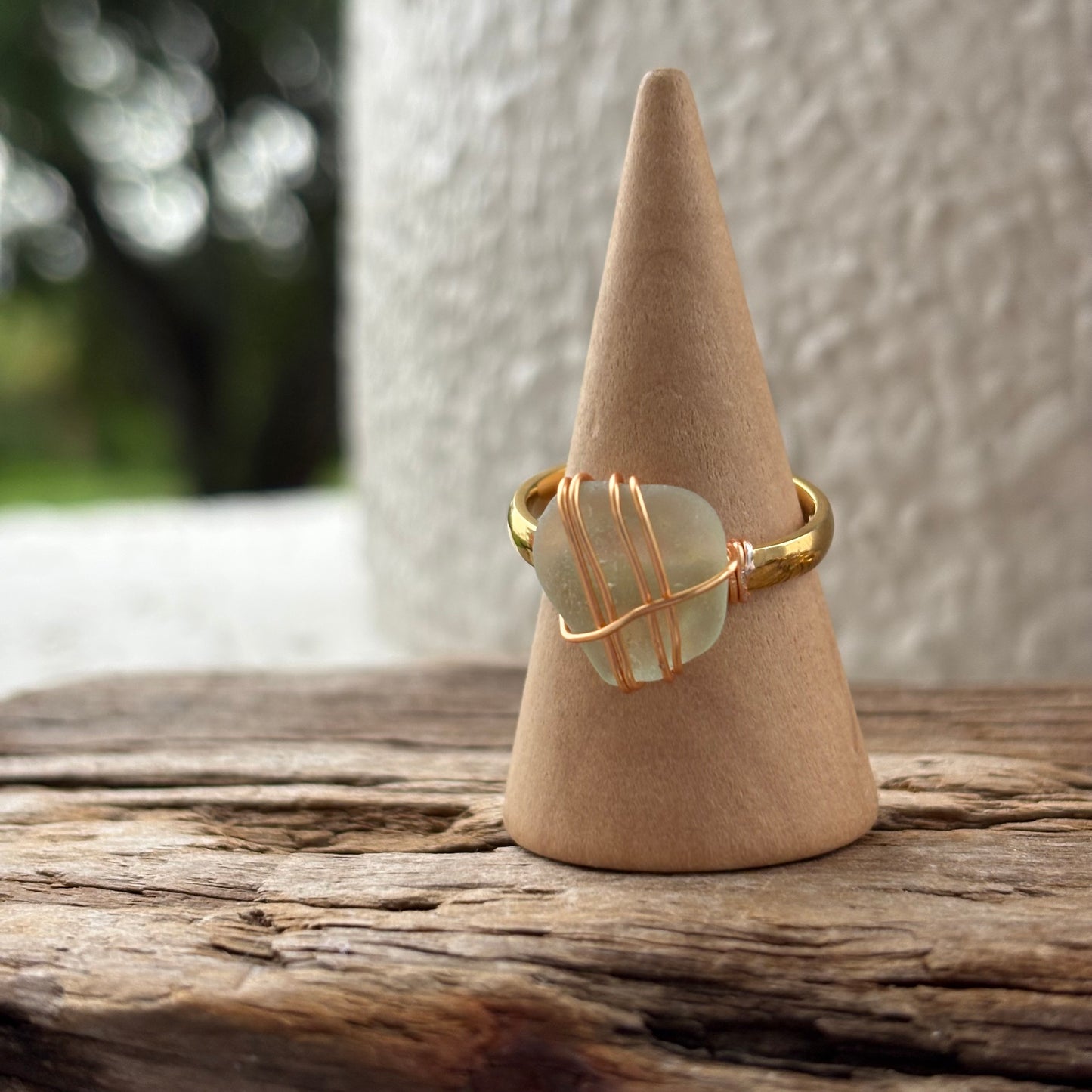 Light Sea Foam Blue Sea Glass Wire-Wrapped Ring – 18k Gold PVD Stainless Steel (Size 7.5)
