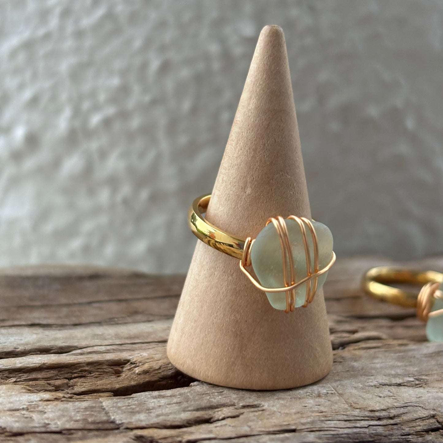 Light Sea Foam Blue Sea Glass Wire-Wrapped Ring – 18k Gold PVD Stainless Steel (Size 7.5)