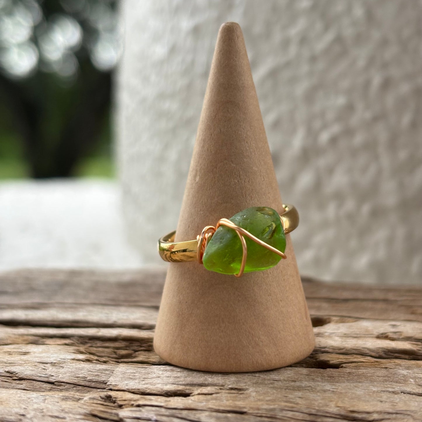 Lime Green Sea Glass Wire-Wrapped Ring – 18k Gold PVD Stainless Steel (Size 8)