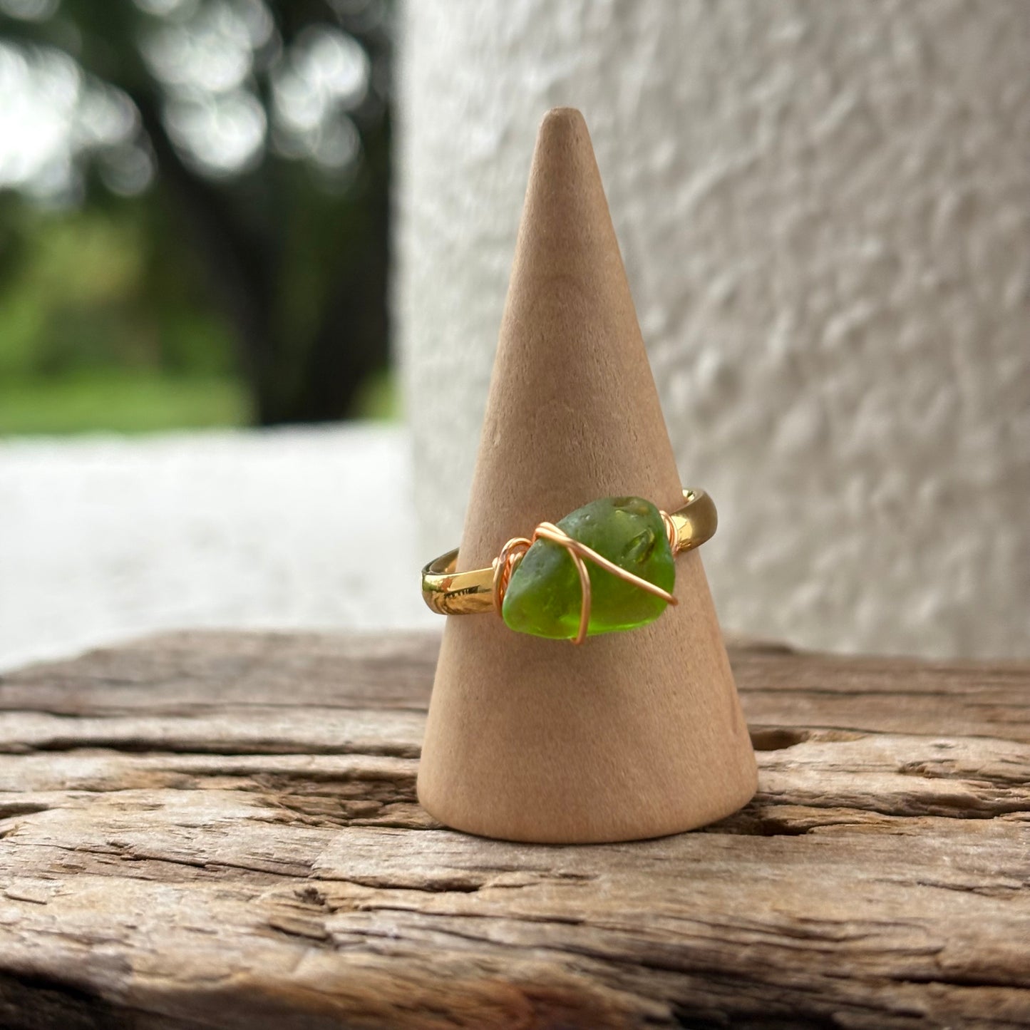 Lime Green Sea Glass Wire-Wrapped Ring – 18k Gold PVD Stainless Steel (Size 8)