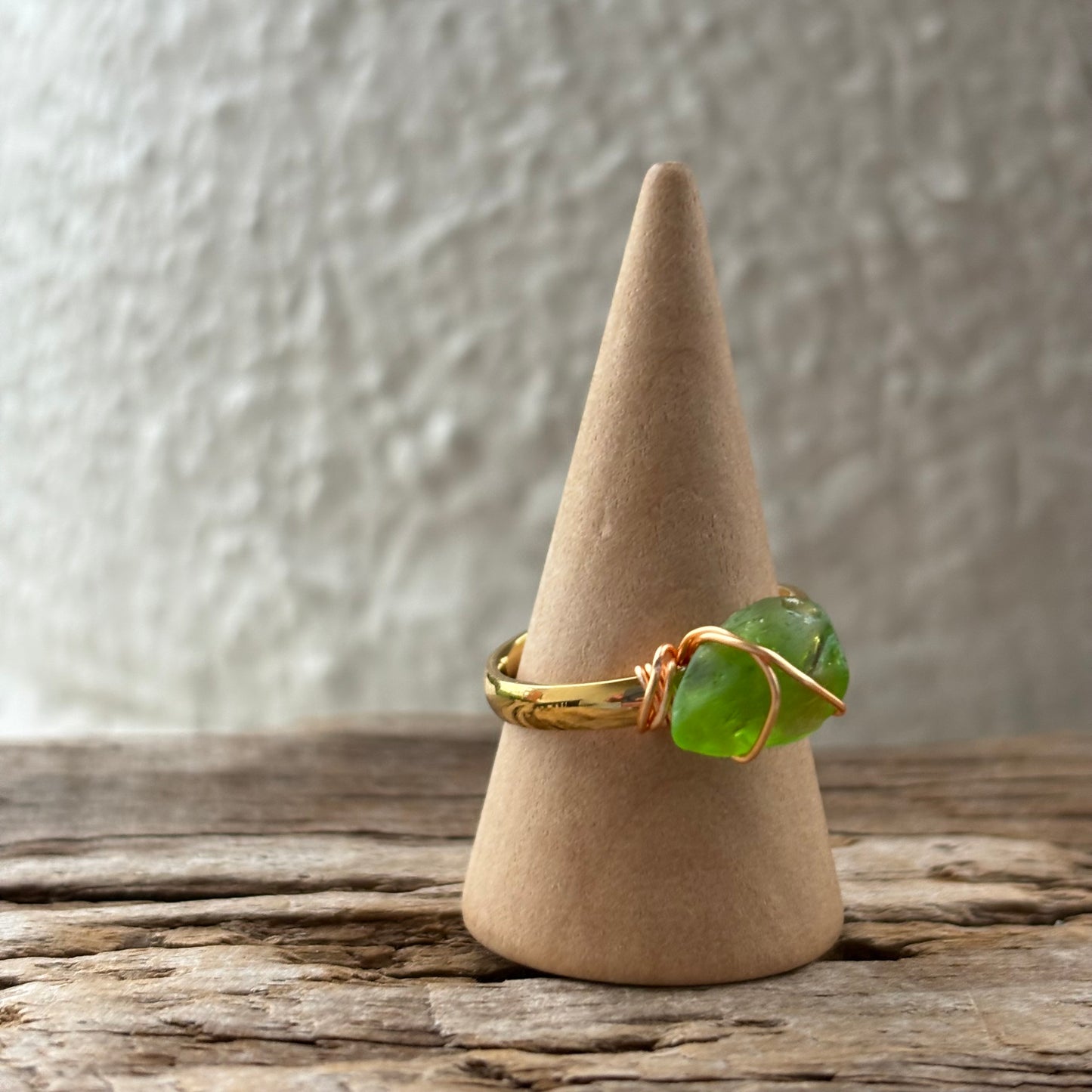 Lime Green Sea Glass Wire-Wrapped Ring – 18k Gold PVD Stainless Steel (Size 8)