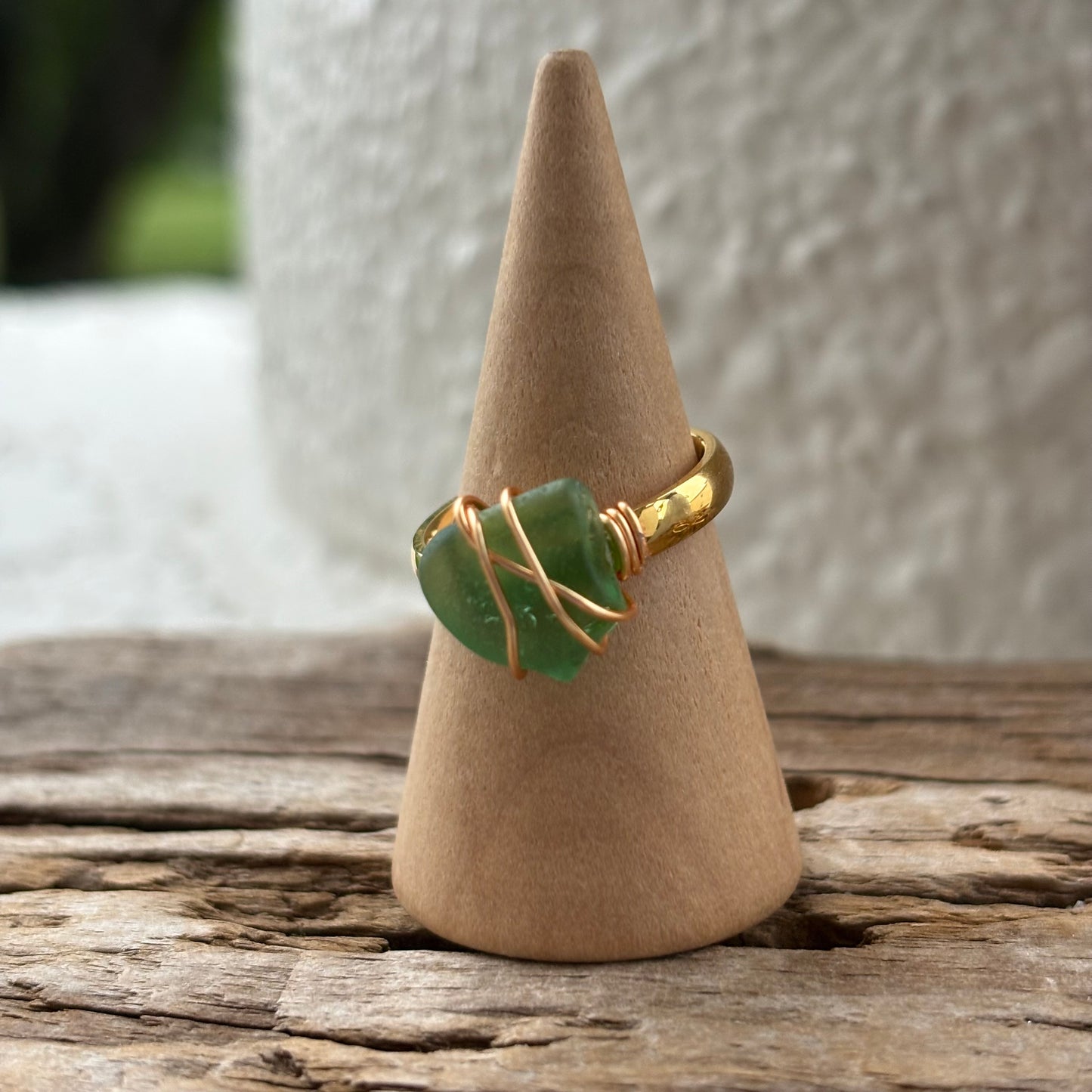 Kelly Green Sea Glass Wire-Wrapped Ring – 18k Gold PVD Stainless Steel (Size 5.5)
