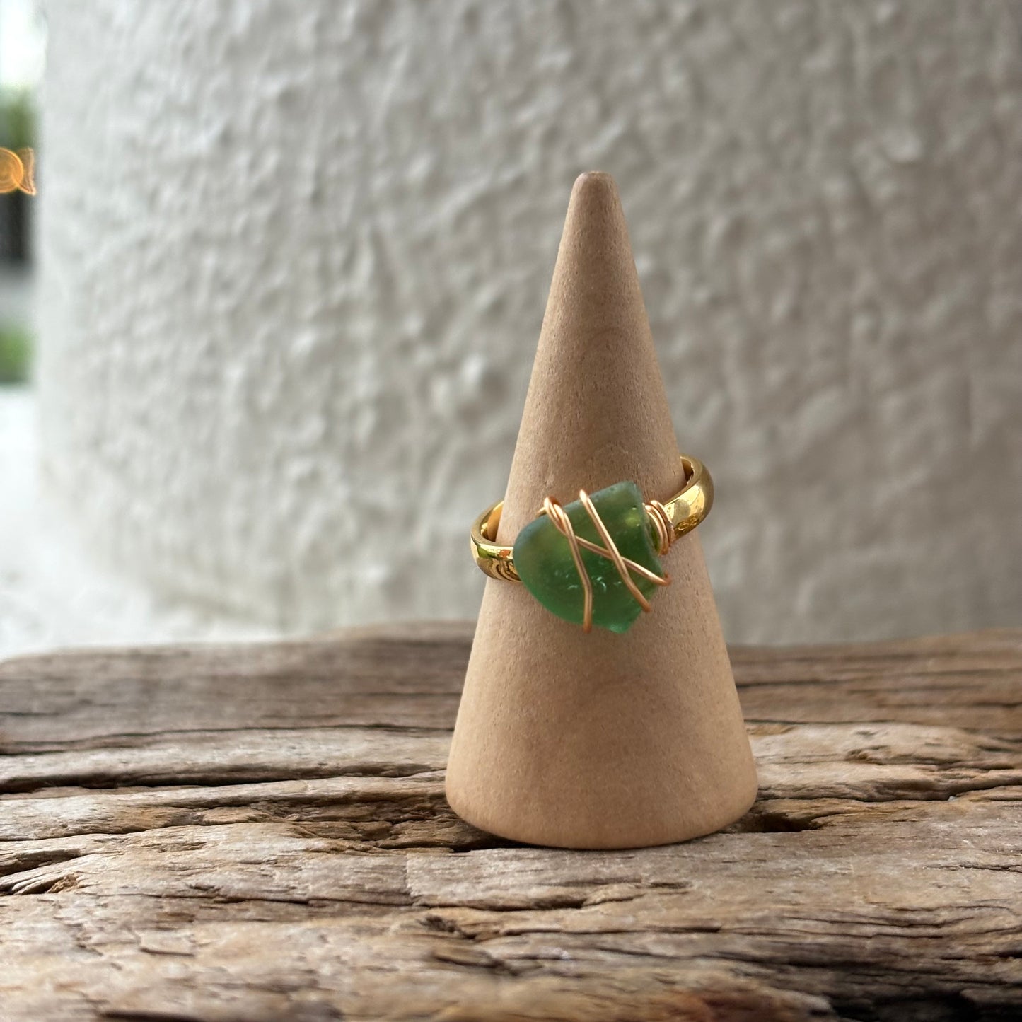 Kelly Green Sea Glass Wire-Wrapped Ring – 18k Gold PVD Stainless Steel (Size 5.5)