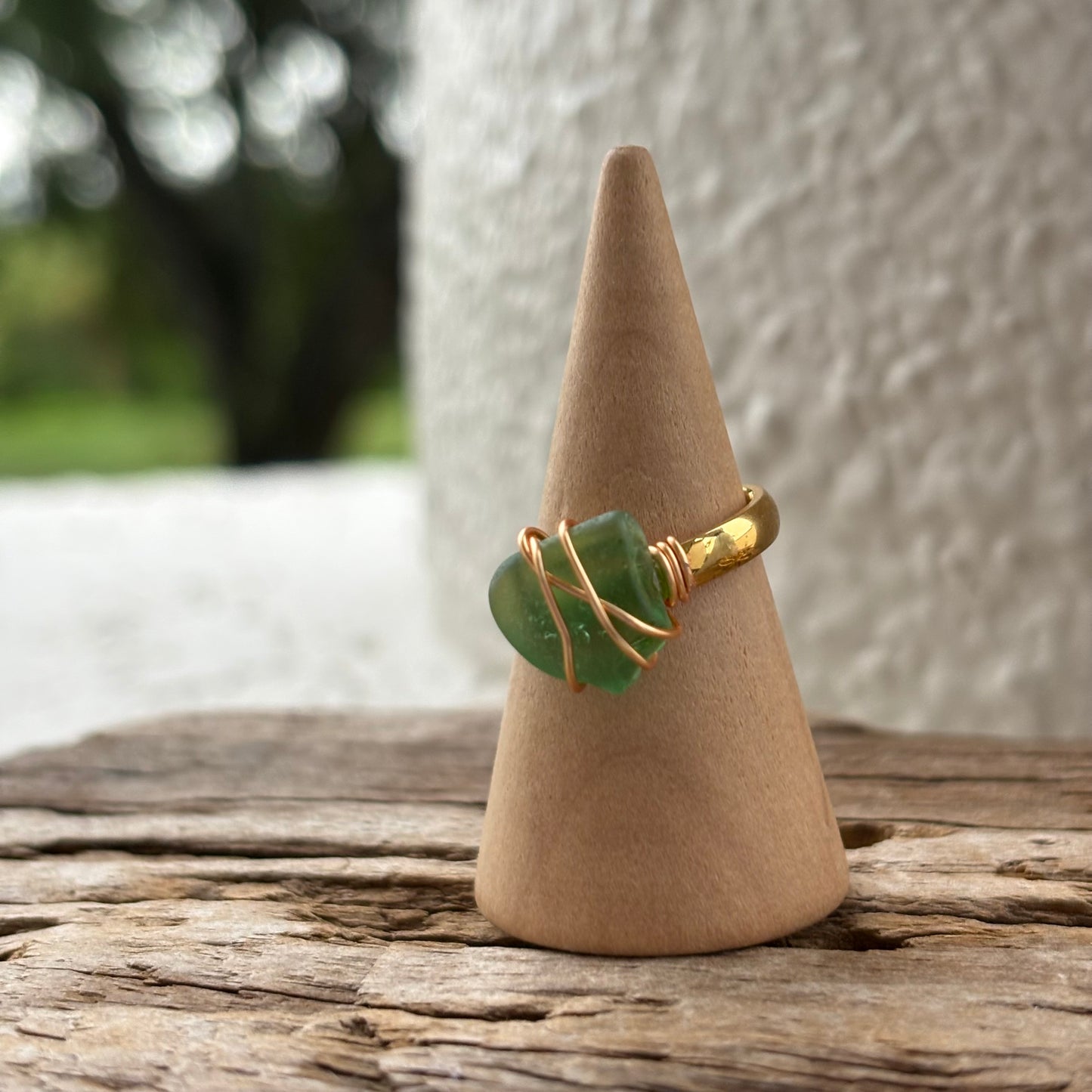 Kelly Green Sea Glass Wire-Wrapped Ring – 18k Gold PVD Stainless Steel (Size 5.5)