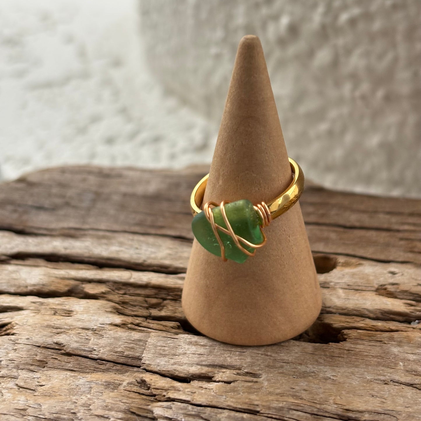 Kelly Green Sea Glass Wire-Wrapped Ring – 18k Gold PVD Stainless Steel (Size 5.5)