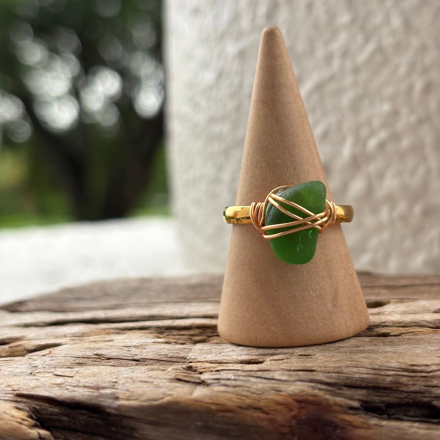 Kelly Green Sea Glass Wire-Wrapped Ring – 18k Gold PVD Stainless Steel (Size 7.5)