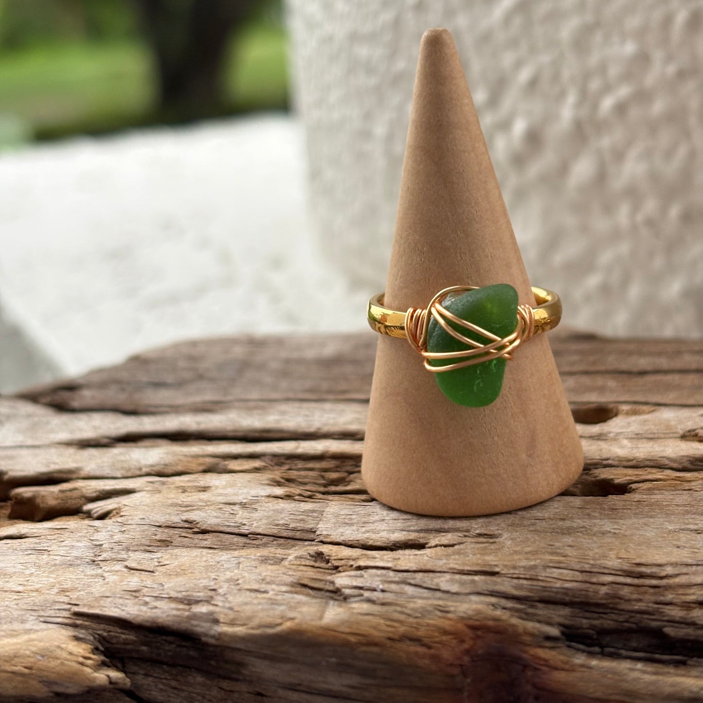 Kelly Green Sea Glass Wire-Wrapped Ring – 18k Gold PVD Stainless Steel (Size 7.5)