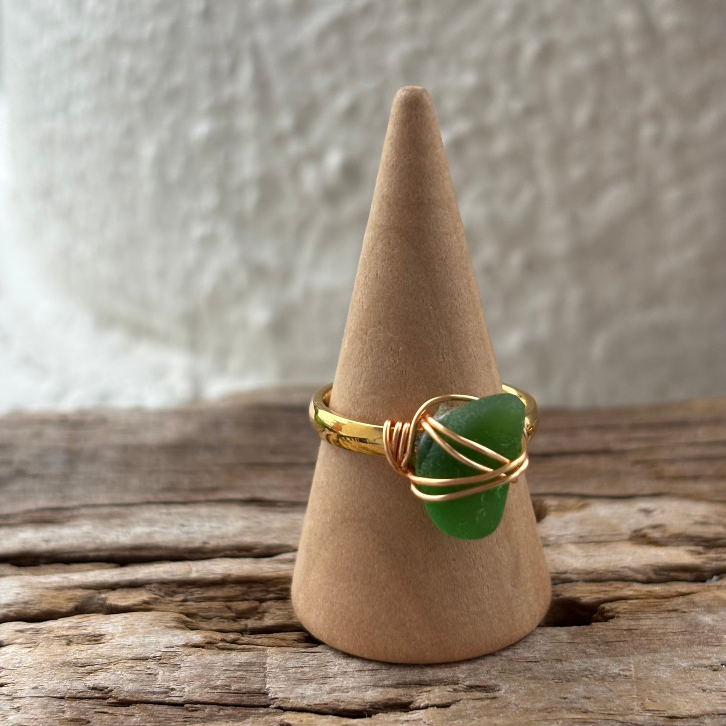 Kelly Green Sea Glass Wire-Wrapped Ring – 18k Gold PVD Stainless Steel (Size 7.5)