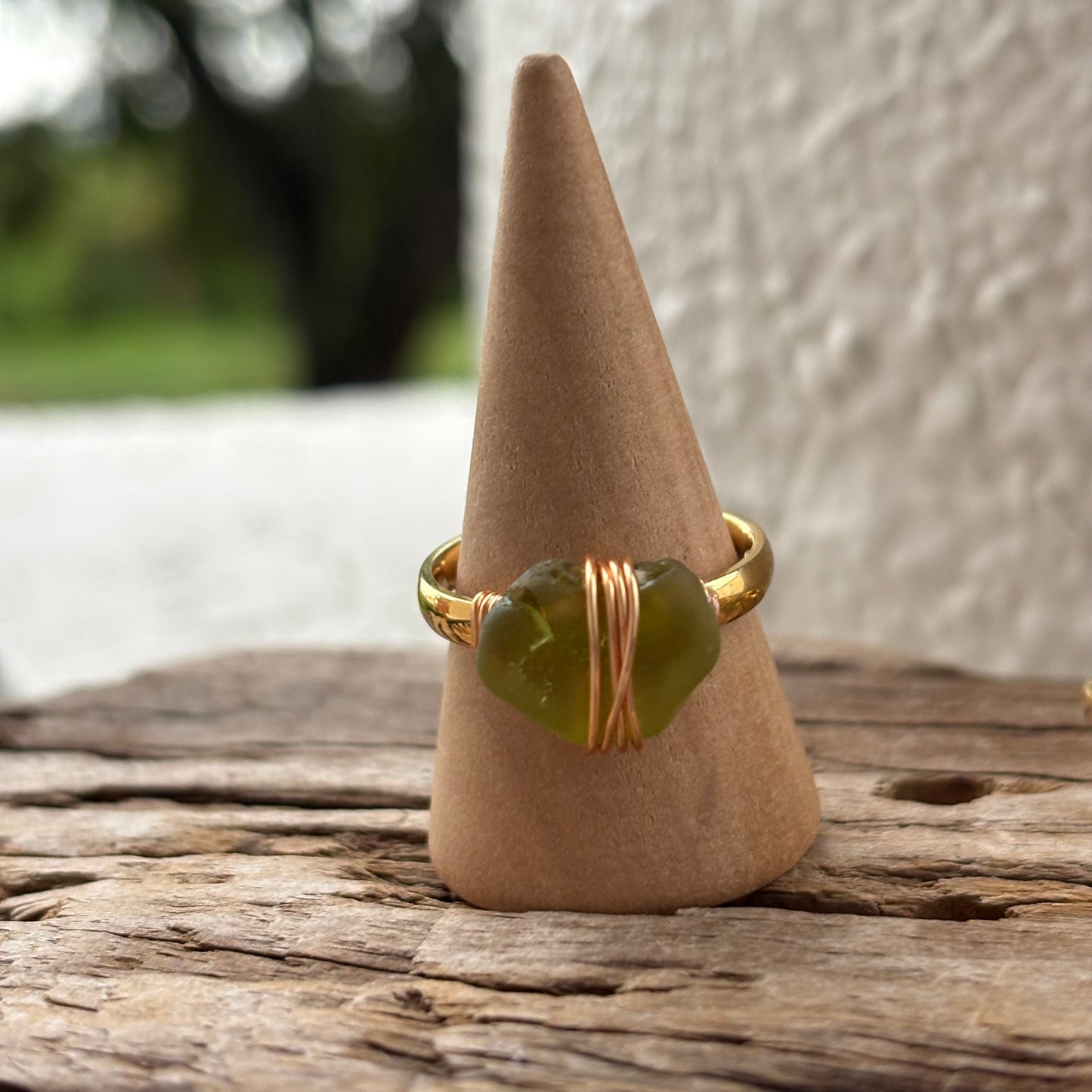 Citron Sea Glass Wire-Wrapped Ring – 18k Gold PVD Stainless Steel (Size 8)