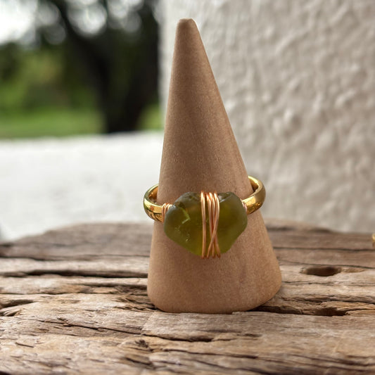 Citron Sea Glass Wire-Wrapped Ring – 18k Gold PVD Stainless Steel (Size 8)
