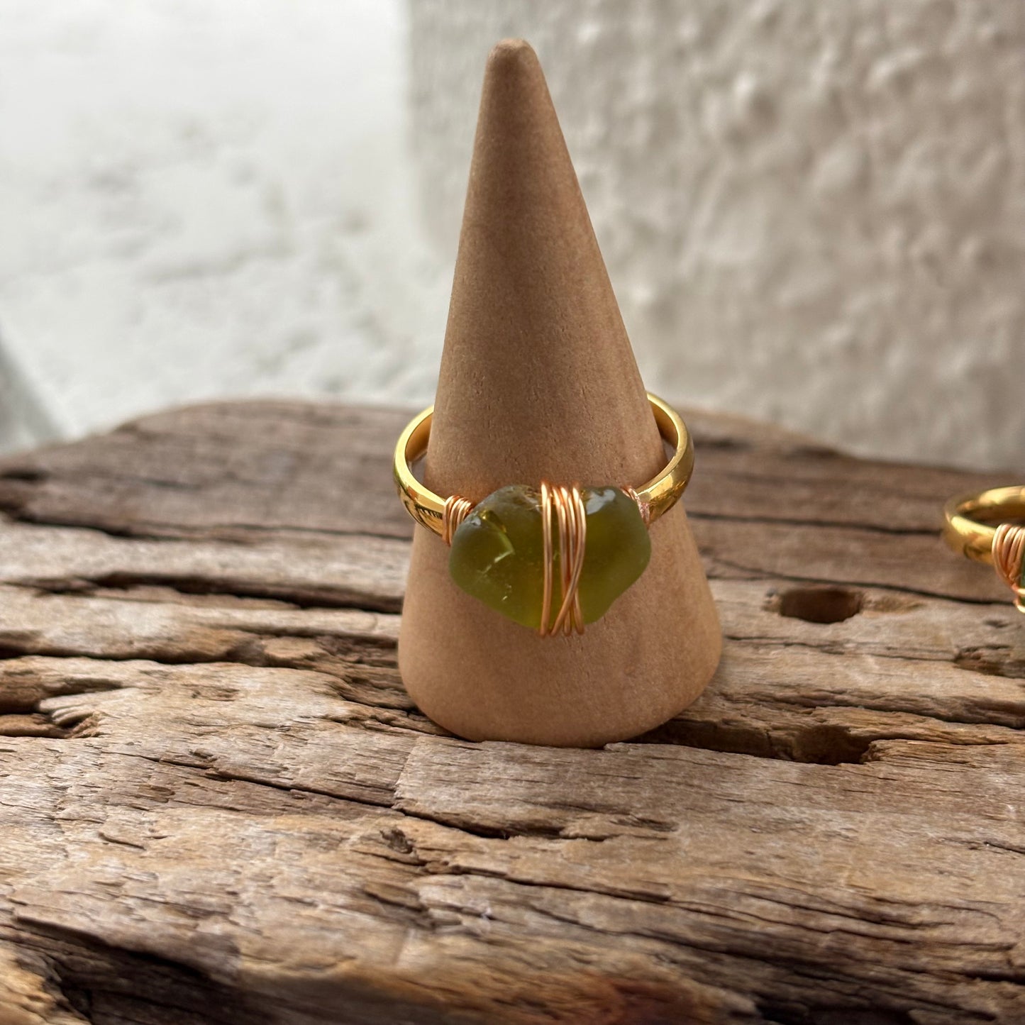 Citron Sea Glass Wire-Wrapped Ring – 18k Gold PVD Stainless Steel (Size 8)
