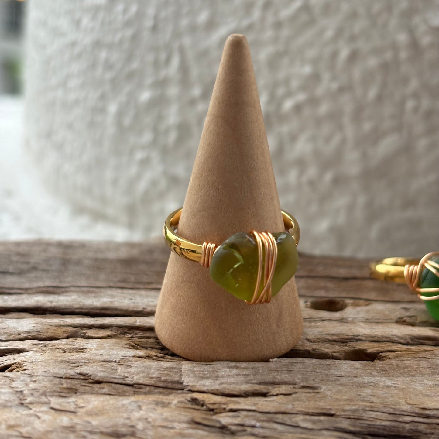 Citron Sea Glass Wire-Wrapped Ring – 18k Gold PVD Stainless Steel (Size 8)
