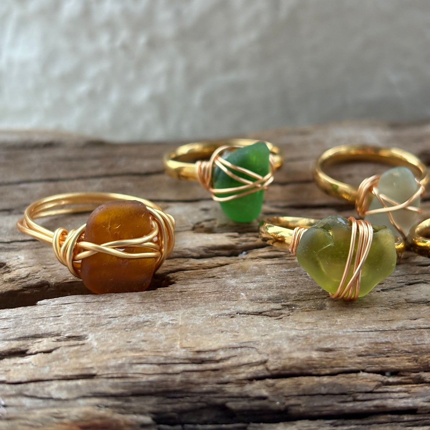 Citron Sea Glass Wire-Wrapped Ring – 18k Gold PVD Stainless Steel (Size 8)