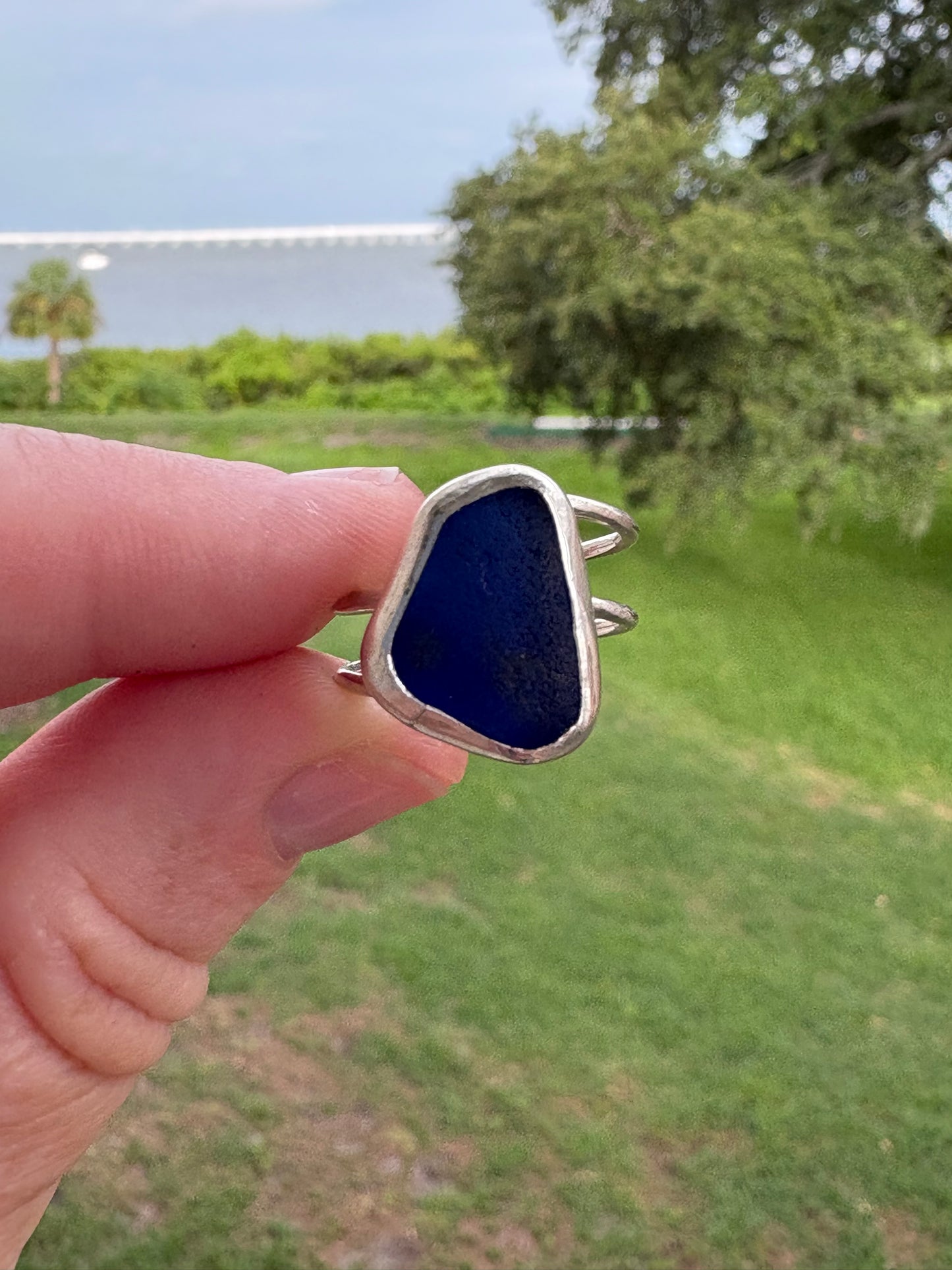 Cobalt Blue Sea Glass Double Band Ring | Sterling Silver | Genuine Sea Glass