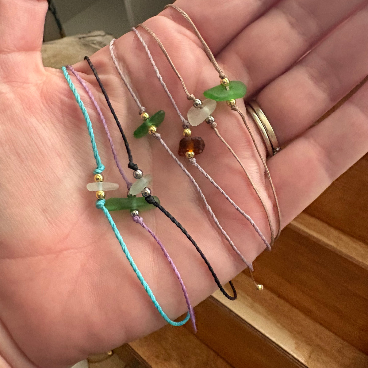 Bride Sea Glass Wish Bracelet | Adjustable Waxed Cord Bracelet