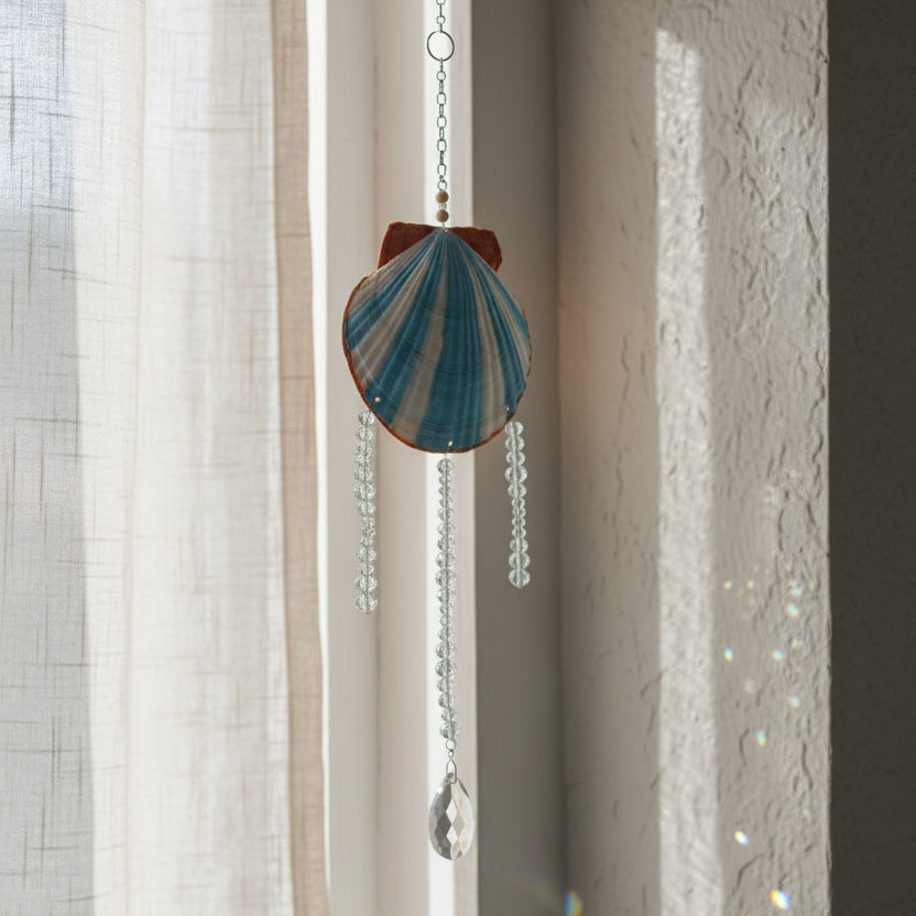 Ocean Energy Aqua Scallop Shell Crystal Suncatcher