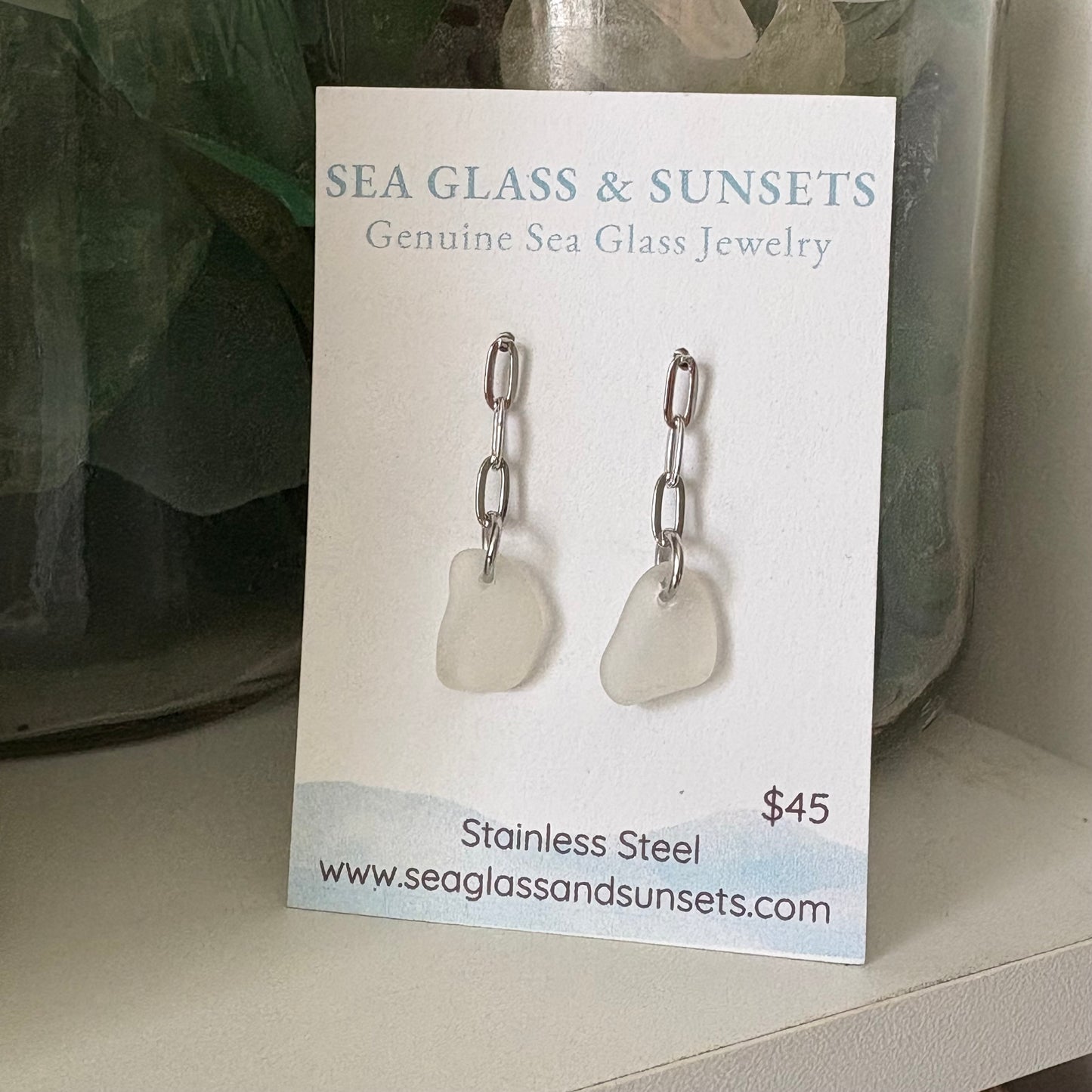 Clear Sea Glass Drop Earrings – Stainless Steel Coastal Jewelry