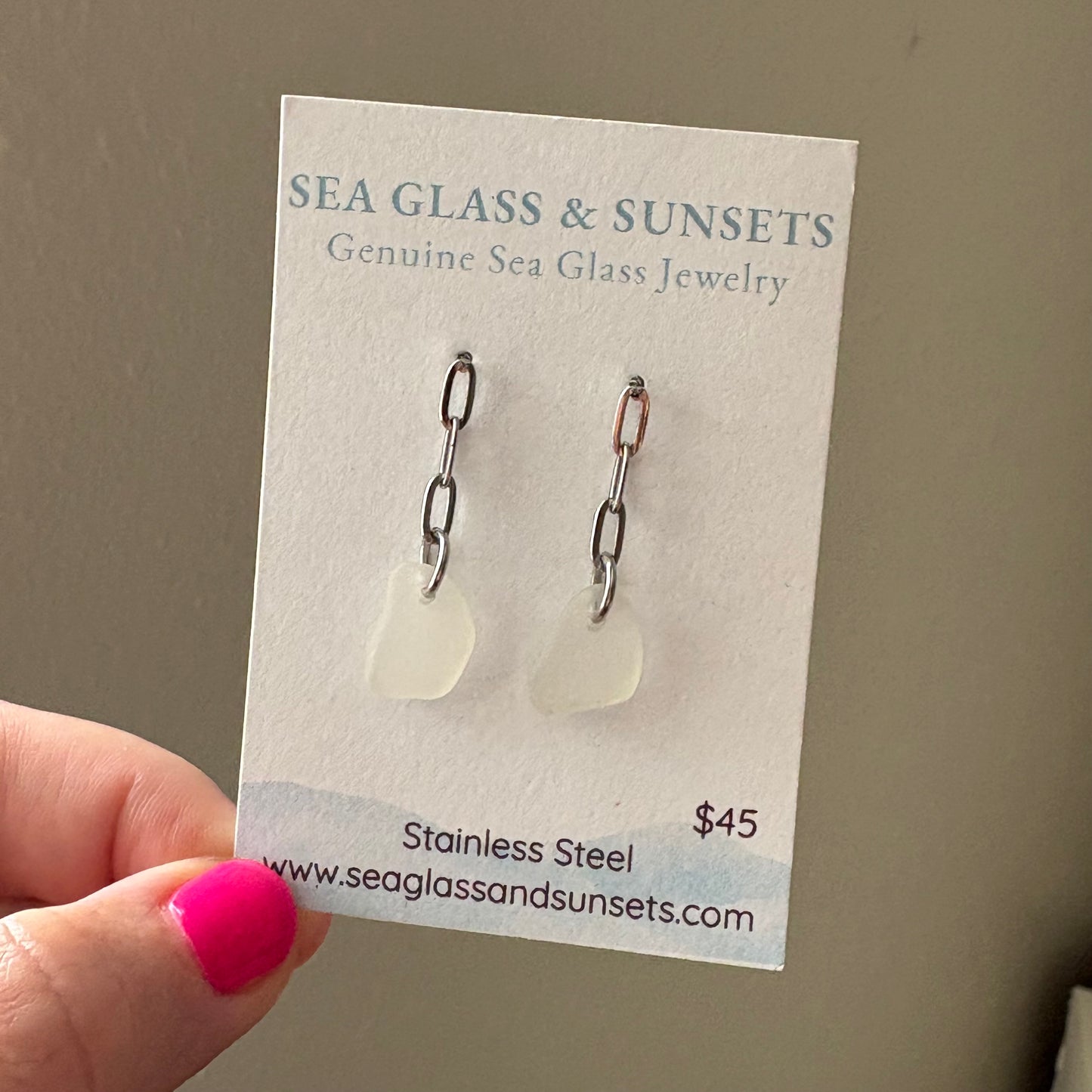 Clear Sea Glass Drop Earrings – Stainless Steel Coastal Jewelry