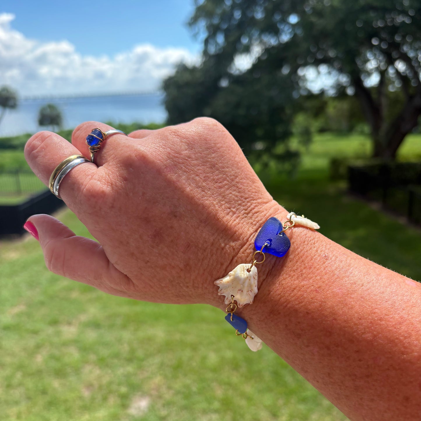 Blue Sea Glass & Kitten Paw Shell Bracelet | Handmade Beach Jewelry