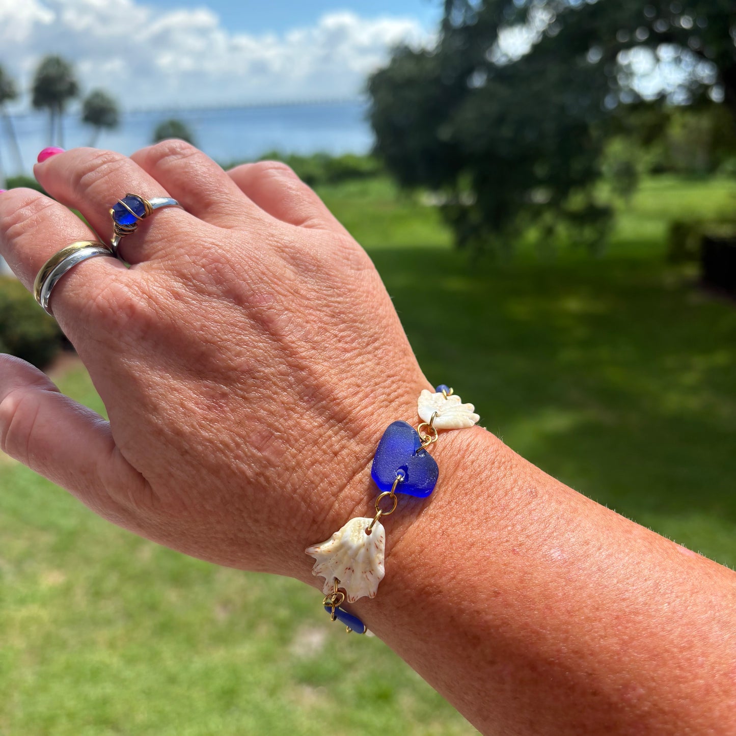 Blue Sea Glass & Kitten Paw Shell Bracelet | Handmade Beach Jewelry