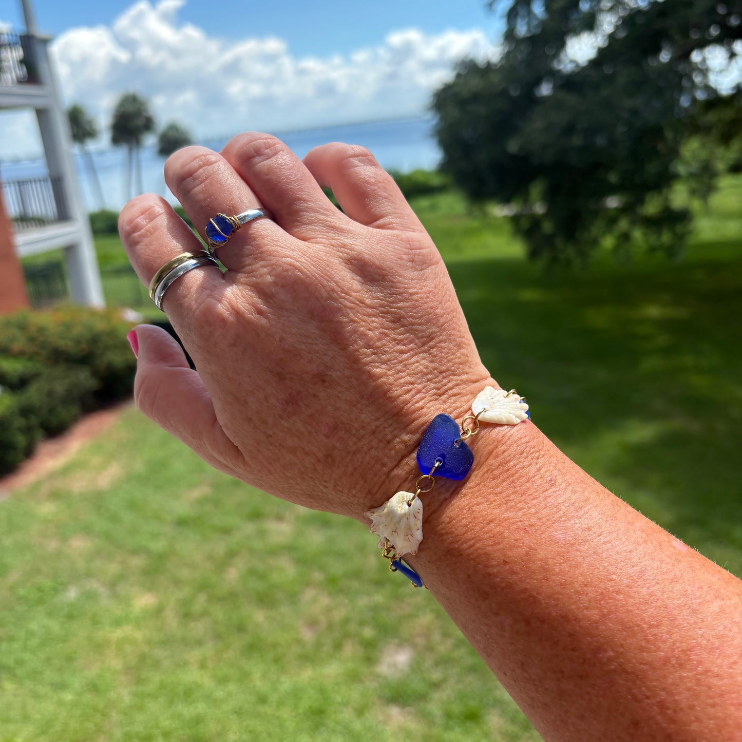 Blue Sea Glass & Kitten Paw Shell Bracelet | Handmade Beach Jewelry