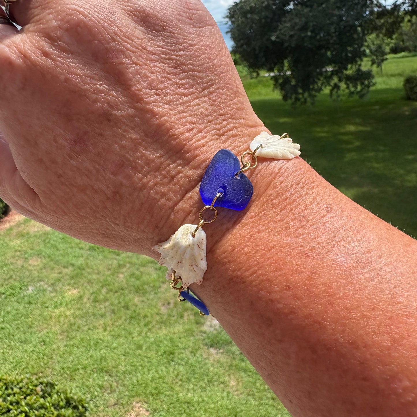 Blue Sea Glass & Kitten Paw Shell Bracelet | Handmade Beach Jewelry