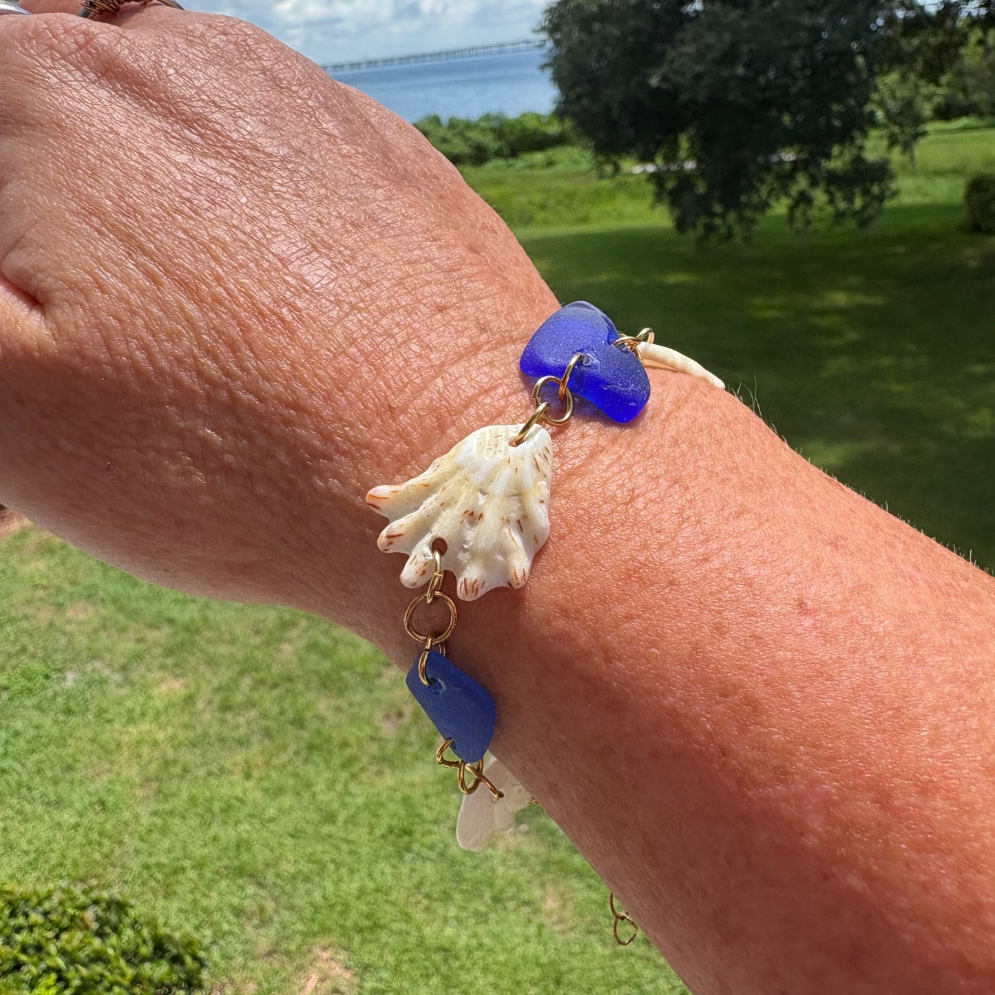 Blue Sea Glass & Kitten Paw Shell Bracelet | Handmade Beach Jewelry