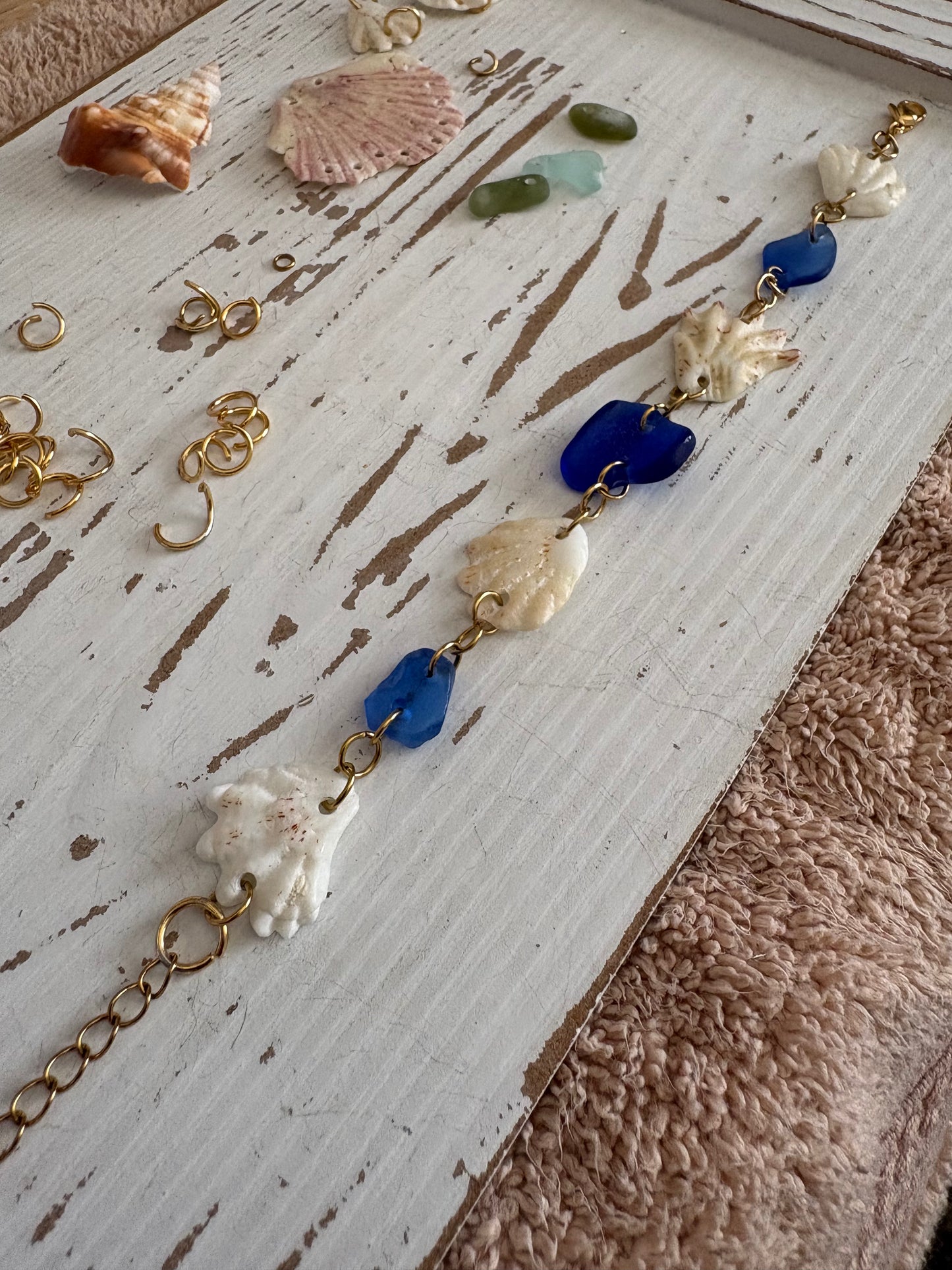 Blue Sea Glass & Kitten Paw Shell Bracelet | Handmade Beach Jewelry