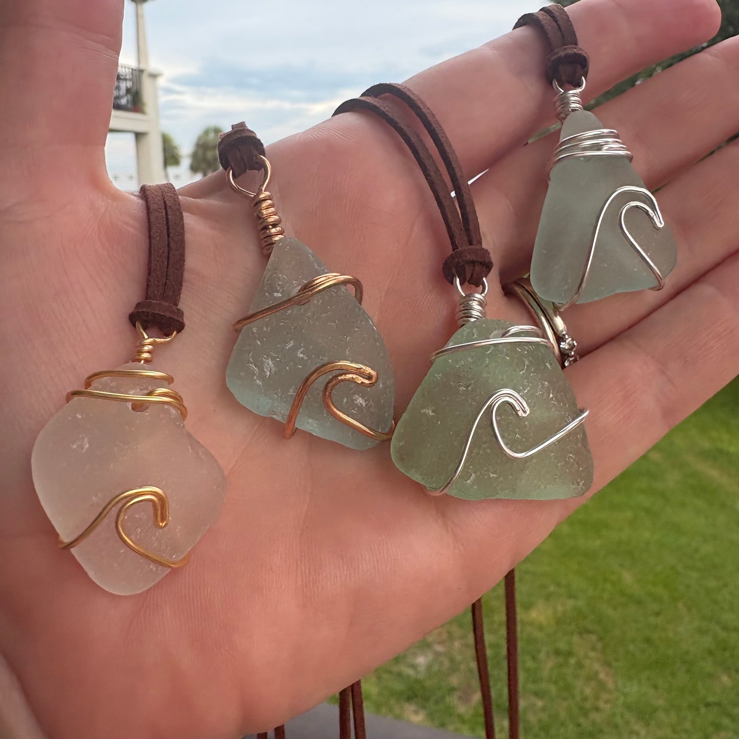 Genuine Sea Glass Wave Pendant on Suede Cord