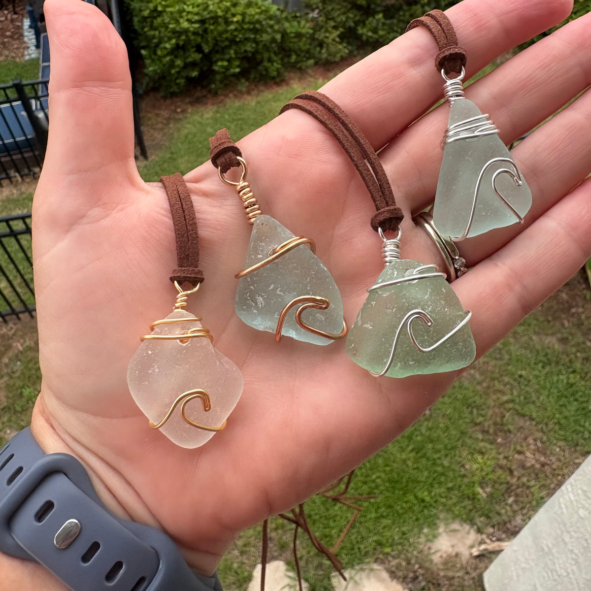 Genuine Sea Glass Wave Pendant on Suede Cord