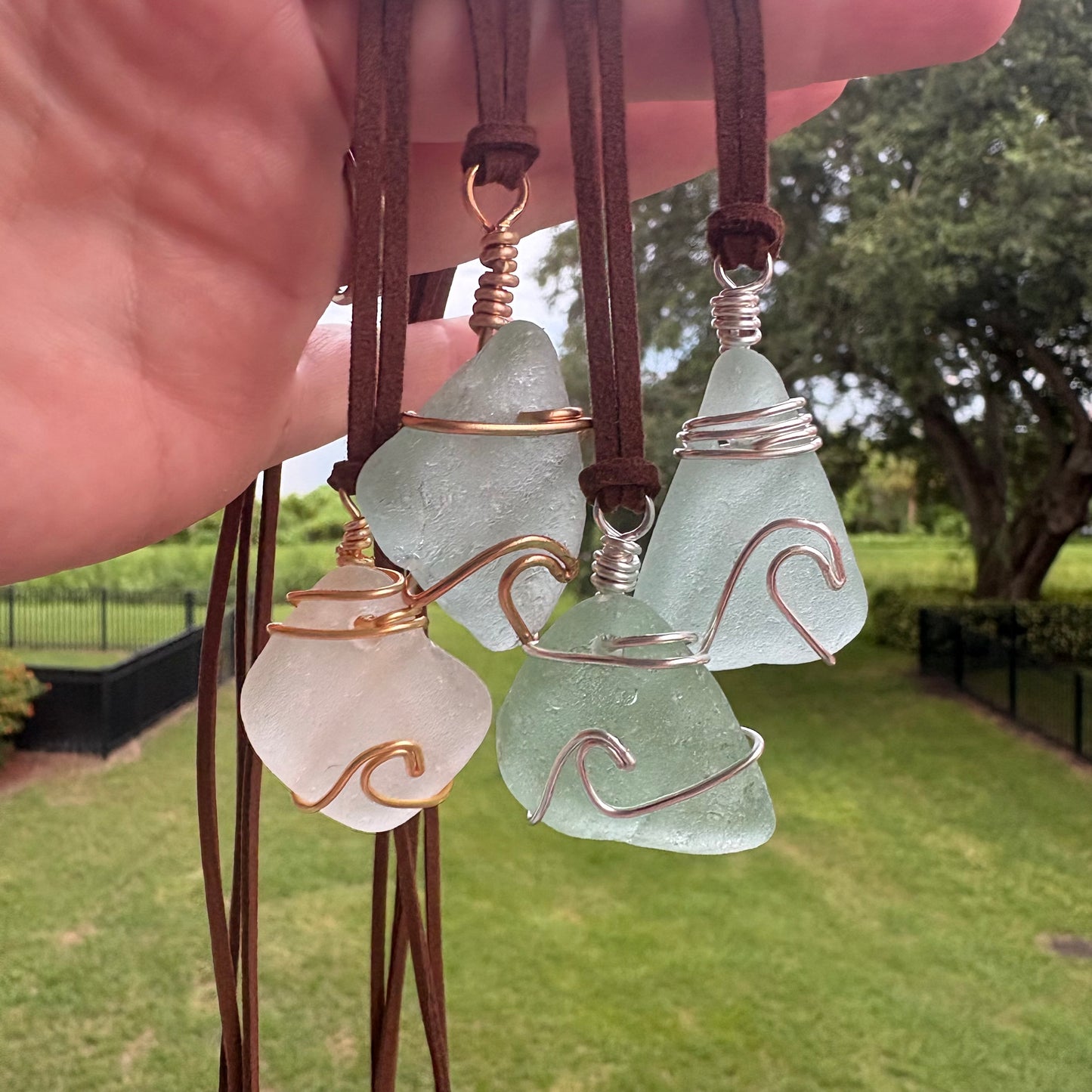Genuine Sea Glass Wave Pendant on Suede Cord