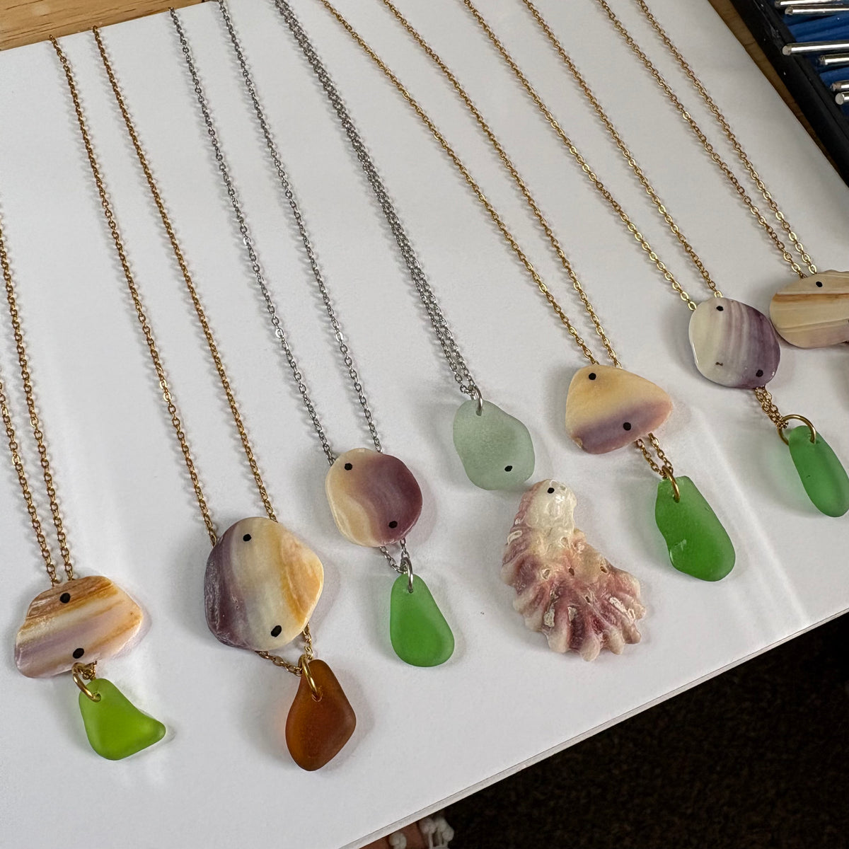 18K Gold PVD Sea Glass & Wampum Shell Chain Necklace