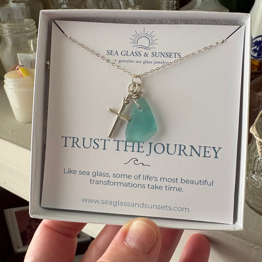 Rare Teal Sea Glass + Cross Sterling Silver Necklace