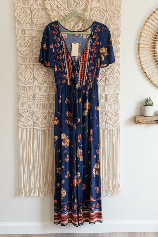 Band of Gypsies Navy Floral Wide Leg Jumpsuit Romper Size M NWT
